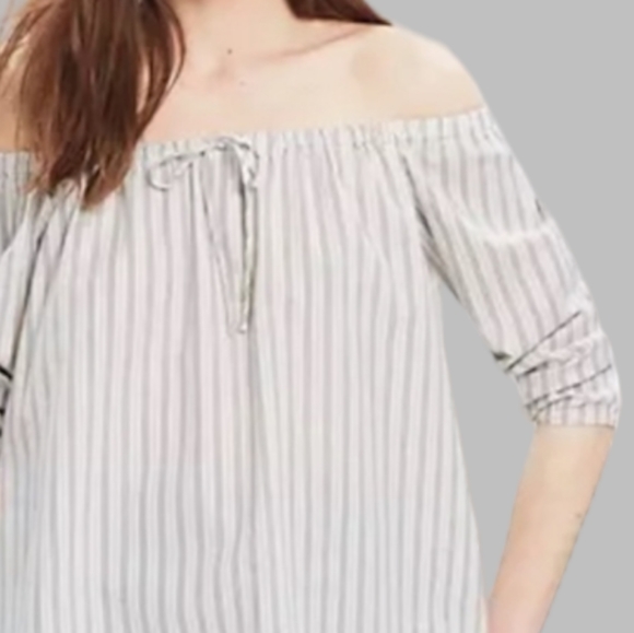 MADEWELL Cotton Blue Pinstripe Off The Shoulder Peasant Summer Coastal Blouse - Picture 1 of 6